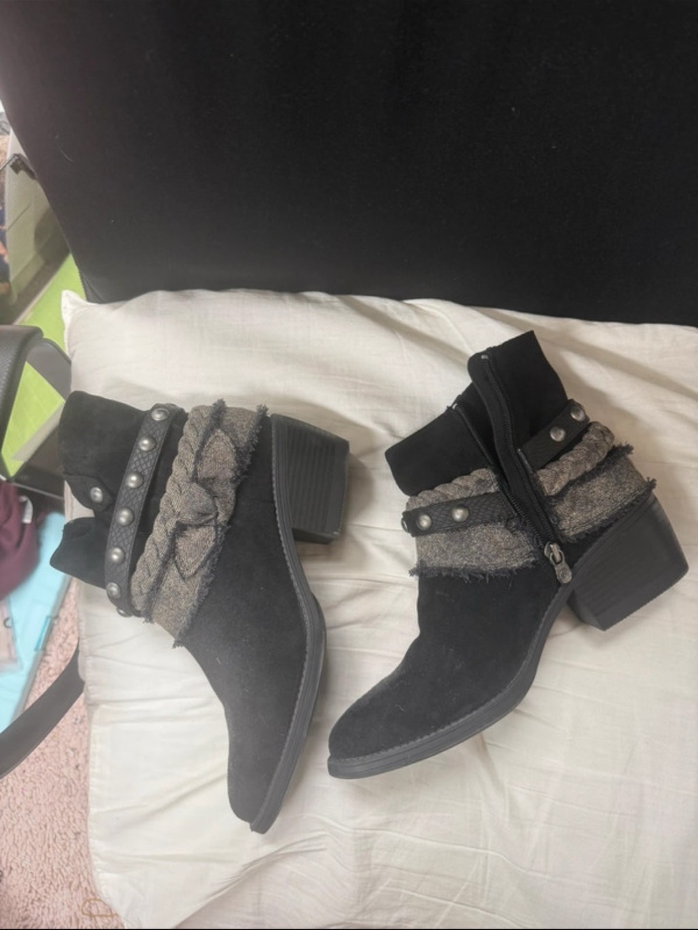 Blowfish Black Suede Studded Ankle Boots with Tweed Wrap